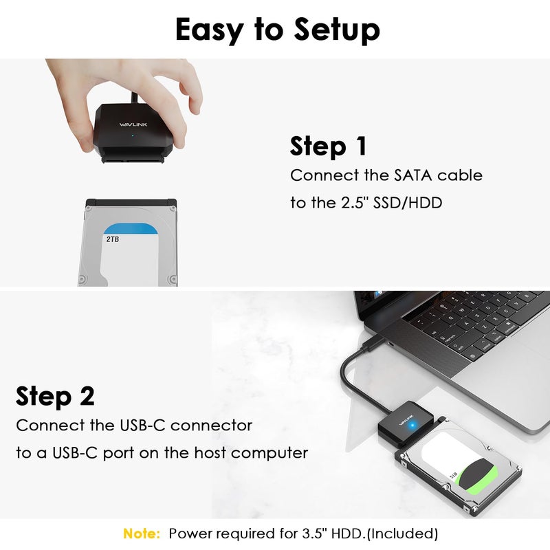 WAVLINK SATA to USB Type-C Hard Drive Cable, 5Gbps USB C to Sata Cable Support UASP, External Hard Drive SATA I/II/III Connector 2.5" SSD/HDD and 3.5" HDD up to 20TB, Power Adapter Included - Image 4